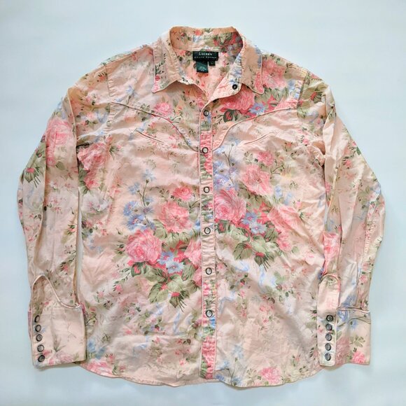 Vintage Lauren Ralph Lauren pink floral pearl snaps shirt, women's large - Picture 8 of 11